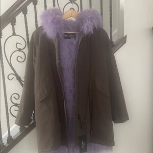 Peri Luxe Green Utility Jacket with Lavender Fur Trim